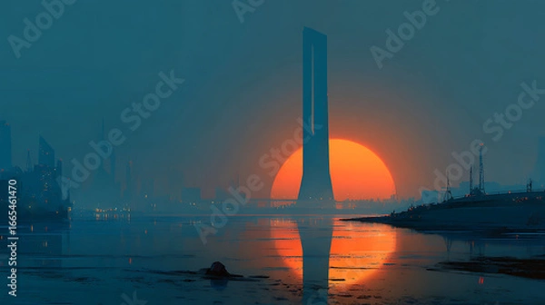 Fototapeta Sunset over the skyline with a prominent tower reflected in the river at dusk in a bustling urban area Generative AI