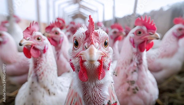 Fototapeta Funny close-up portrait of chicken's head with prominent feathered crest looking at camera lens. Another hens also interest in. Agriculture countryside farming settlement. Meat, Food, poultry industry