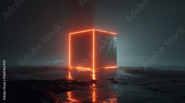Obraz Mysterious glowing cube in a foggy landscape reflecting light in a surreal atmosphere at night Generative AI