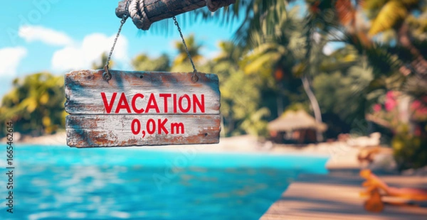 Fototapeta Wooden sign with VACATION 0.0KM on shore with ocean waves, palm beach in background bathed in warm sunlight. Aged wood texture contrasts with smooth sand and blue water creating serene coastal scene