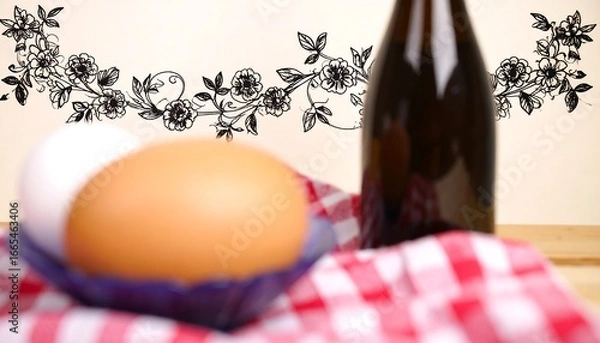Obraz A decorative floral border complements a still life composition of eggs and a bottle.