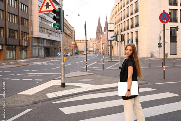 Obraz Modern Girl with laptop, tablet computer. Free creativity. 