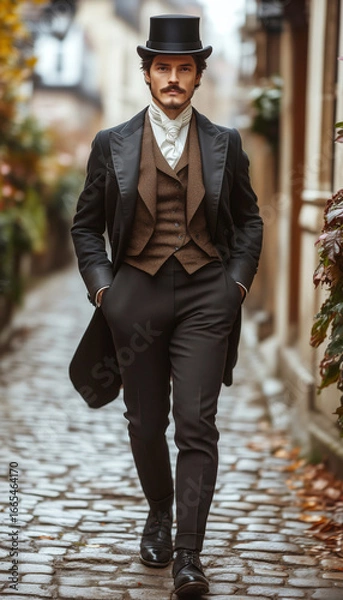 Fototapeta English gentleman in Victorian London attire on old cobblestone street with cane, bowler hat wearing tailored suit with tailcoat, trousers, exuding classic charm sophistication and historical elegance