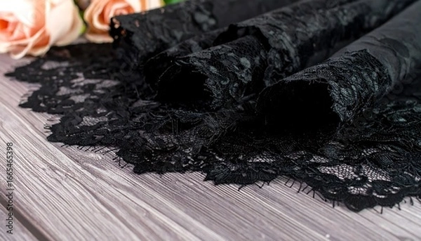 Obraz Delicate black lace trim, intricately patterned, displayed against a grey wooden surface, with a soft, romantic mood.