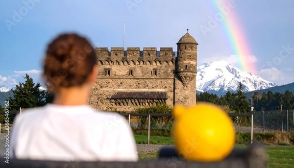 Obraz A person sits contemplatively, gazing at a historic fortress, a vibrant rainbow arches above a snowy mountain range, with a lemon in the foreground.