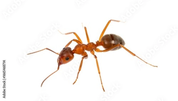 Fototapeta Close-up of a single reddish-brown ant, exhibiting detailed anatomy and segmented body parts against a plain white background.