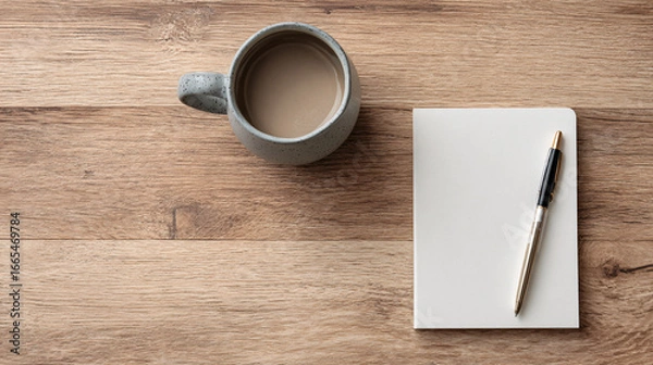 Fototapeta Flat lay close-up of neutral wooden meeting table with blank white notebook, generic pen, and matte ceramic coffee cup, minimalist corporate