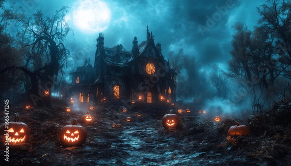 Fototapeta Old haunted mansion with Gothic style surrounded by twisted trees and carved pumpkins glowing in misty night creating spooky mysterious Halloween atmosphere