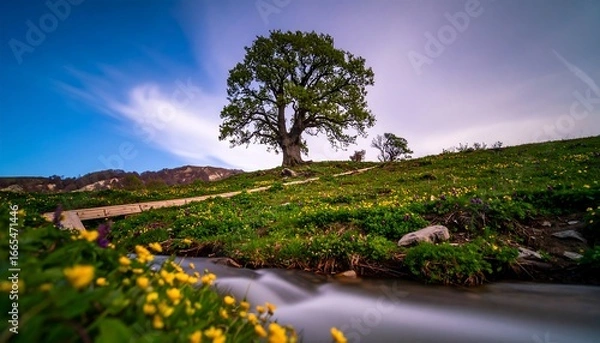 Fototapeta A serene hillside landscape showcases a large tree atop a grassy knoll, bathed in soft light, with a flowing stream and a wooden bridge winding through a vibrant meadow of wildflowers.