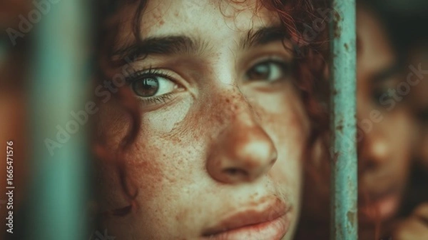 Fototapeta Close-up of a person with freckles and curly hair looking through prison bars.