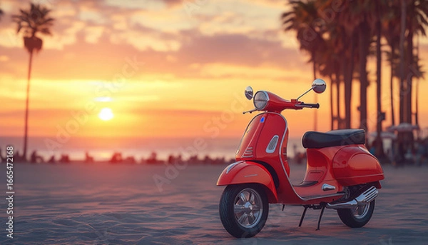 Fototapeta  Retro-toned scene with a classic red Scooter parked on Italian wide sandy beach parking lined with palm trees. Golden late-afternoon sunlight casts soft shadows, creating warm nostalgic vibes