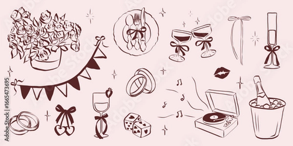 Fototapeta Hand drawn coquette wedding elements. Vintage cute symbols with ribbon and bow in simple crayon sketch style. Trendy art for Valentine day and bachelorette invitations. Doodle vector illustration