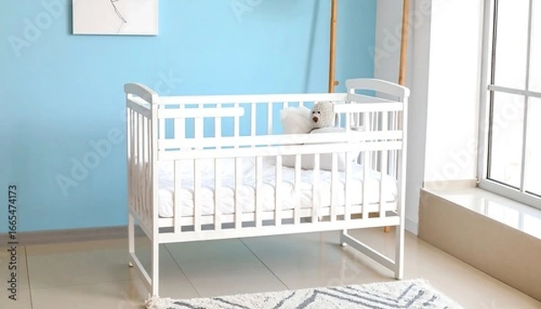 Fototapeta A pristine white crib sits serenely in a light blue nursery, bathed in natural light.
