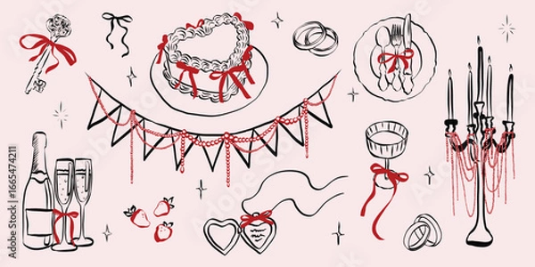 Fototapeta Hand drawn coquette wedding elements. Vintage cute symbols with ribbon and bow in simple crayon sketch style. Trendy art for Valentine day and bachelorette invitations. Retro vector illustration