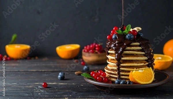 Obraz A stack of golden brown pancakes, topped with fresh berries and drizzled with rich chocolate, sits on a dark wooden surface, accented by vibrant orange slices.