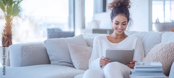 Fototapeta Happy young woman sitting on sofa in modern white living room, using Tablet computer to view  content surrounded by bright natural light. Beautifull people and modern technology concept image.