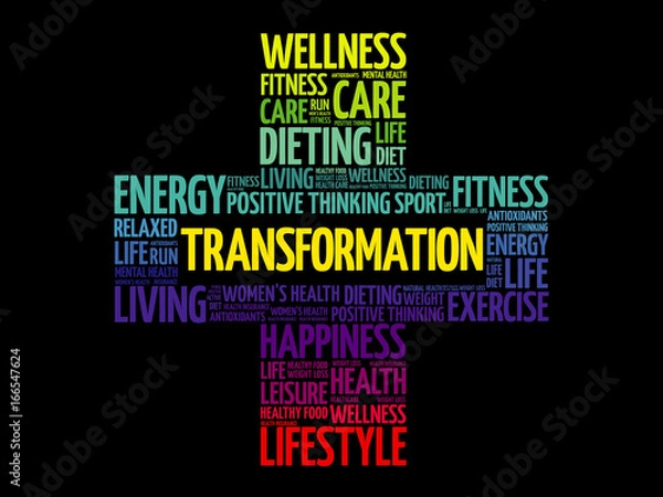 Fototapeta TRANSFORMATION word cloud collage, health cross concept