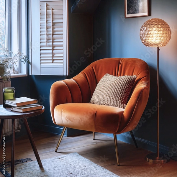 Fototapeta Cozy interior with rust velvet armchair, wooden floor, amber lamp, books, green candle, gray walls, and soft natural light creating warm textures and calm stylish atmosphere