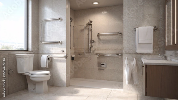 Fototapeta Accessibility-friendly bathroom with modern fixtures, grab rails, wide clear doorway, clean neutral minimalist