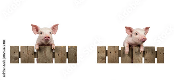 Fototapeta Playful piglets peeking over a wooden fence in a farm environment for animal lovers isolated set PNG