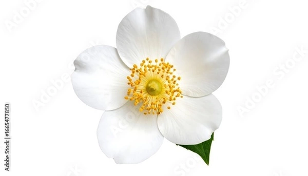 Obraz Close-up of a delicate, white flower with vibrant yellow stamens and green leaves, centered against a pristine white background.