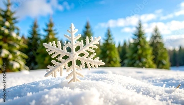Fototapeta A delicate, decorative snowflake rests on a pristine snow-covered landscape, bathed in sunlight, amidst a backdrop of evergreen trees.