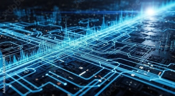 Fototapeta Dynamic blue network lines create a modern technology feel, ideal for showcasing innovation, connectivity, and cutting edge advancements in digital solutions.