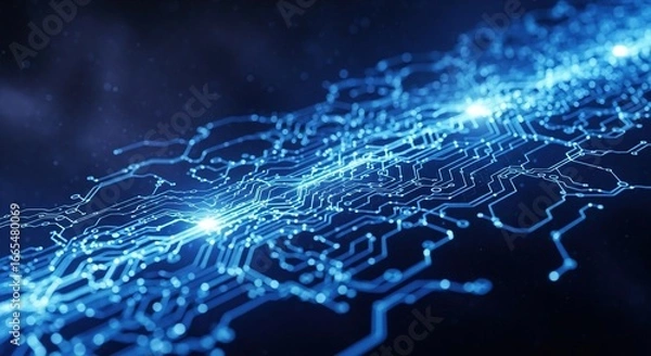 Fototapeta Futuristic glowing blue circuit board background for innovative technology solutions, showcasing connectivity and data flow in a modern digital world