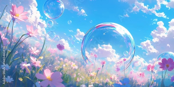 Fototapeta 鮮やかな花々に囲まれた花畑の中に浮かぶシャボン玉を描いたイラスト。自然と透明感の融合が美しく、広告や書籍の挿絵、背景素材として活用できる作品で、季節感を表現したデザイン用途に最適。