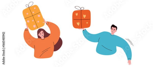 Fototapeta Boy and girl with gift boxes in their hands. Vector flat graphics
