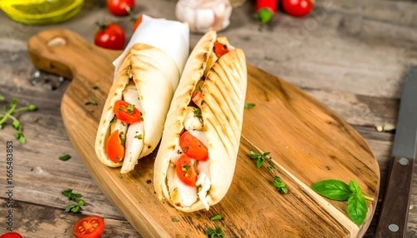 Fototapeta Two grilled chicken wraps, filled with savory ingredients, rest on a rustic wooden board.