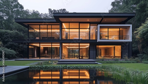 Fototapeta Modern two-story house with large glass windows, clean lines, surrounded by lush greenery near a serene pond. Sleek architecture emphasizes open spaces, natural light, golden-hour highlights