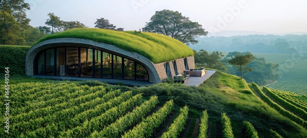 Fototapeta Modern winery architecture amidst green vineyards under clear blue sky. Stone design with contemporary curves in serene rural landscape. Aerial view highlights symmetry vibrant greenery and innovation