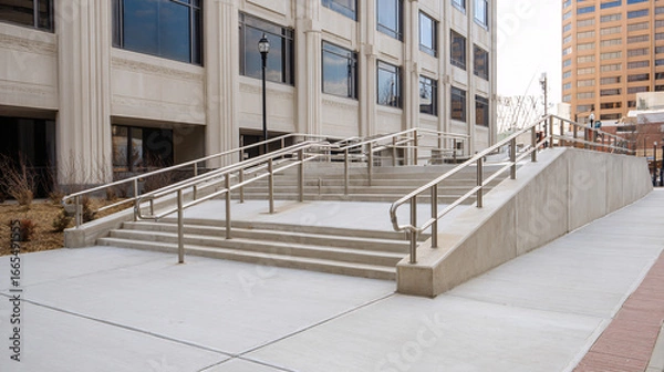 Fototapeta Wide exterior shot of accessible concrete ramp with metal handrails, clean urban environment in neutral tones, designed for universal accessibility