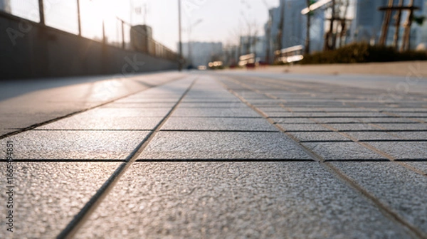 Fototapeta Close-up of tactile paving tiles on clean concrete sidewalk in urban setting, accessibility-focused public infrastructure, neutral minimal