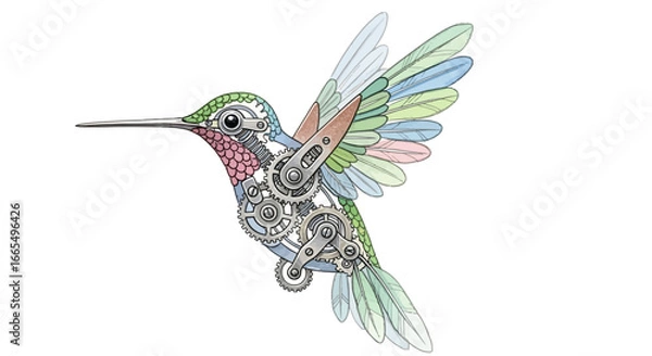 Fototapeta Mechanical Hummingbird A Steampunk-Inspired Illustration of Nature and Engineering in Flight