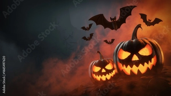 Fototapeta Spooky halloween pumpkins with carved faces and bats flying in the dark night, creating a scary and eerie atmosphere for the holiday