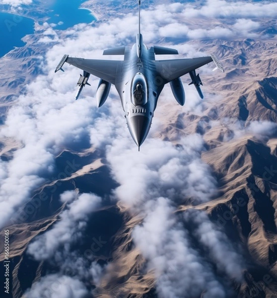 Fototapeta Top-down view of modern stealth multirole combat aircraft soaring above clouds with arid mountains and desert terrain below, showcasing advanced military aviation and cutting-edge defense technology