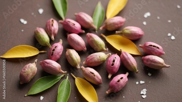 Fototapeta Aromatic cardamom spices with fresh green and yellow leaves, a culinary ingredient for healthy cooking, seasoning, and flavoring on brown background