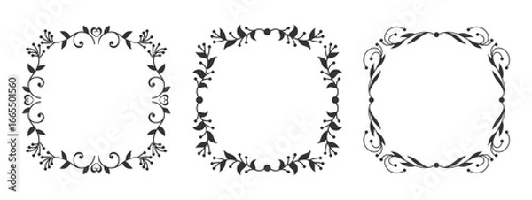 Obraz Square ornamental border set. Frame with abstract plant pattern, curved branches stylized leaves, berries. Hand drawn natural floral motif. Vintage template for laser cut engraving, etching, vignette