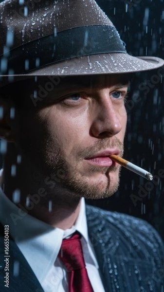 Fototapeta A noir detective in a fedora smoking a cigarette in the rain, evoking a sense of mystery and drama in a classic film style