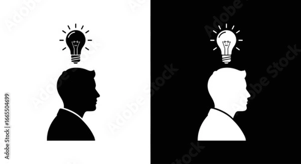 Fototapeta A person's head with a lightbulb above it, a black and white icon symbolizing a new idea, innovation, and creativity.