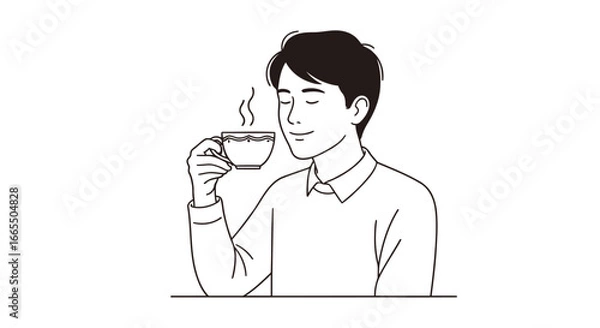 Fototapeta A hand-drawn style illustration of a young man enjoying a cup of coffee, representing a relaxing break and calm moment.