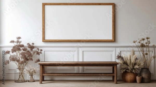 Fototapeta Room with bench, frame, and vases of plants. Perfect for interior design, home decor, or lifestyle concepts needing a cozy ambiance.