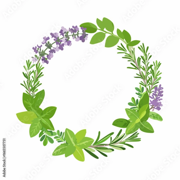 Obraz ハーブの円形フレームをあしらった植物デザイン