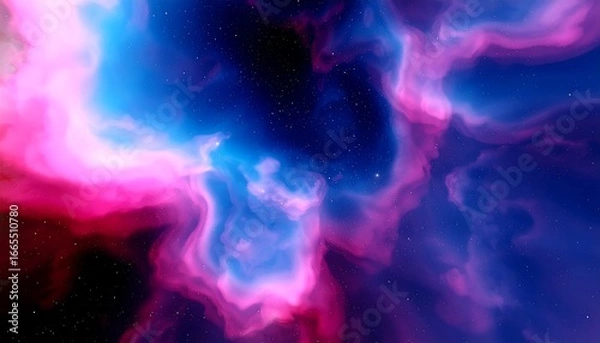 Fototapeta A vibrant display of cosmic nebulae, exhibiting swirling, glowing hues of pink, blue, and purple, against a backdrop of star-studded darkness.