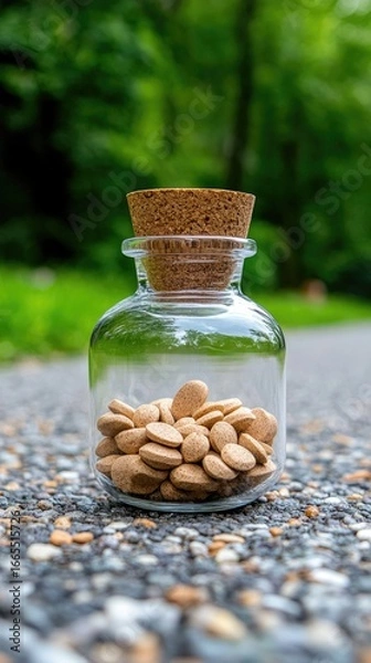 Obraz Small glass jar with pills on a paved surface