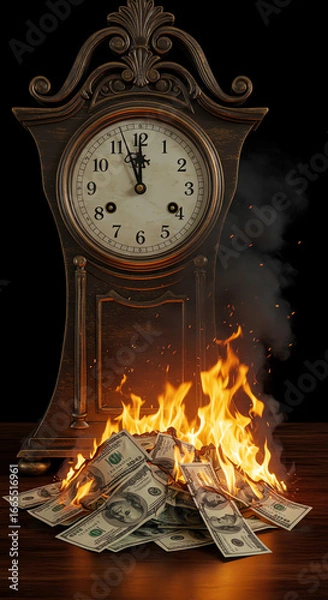 Fototapeta Vintage clock with burning stack of money
