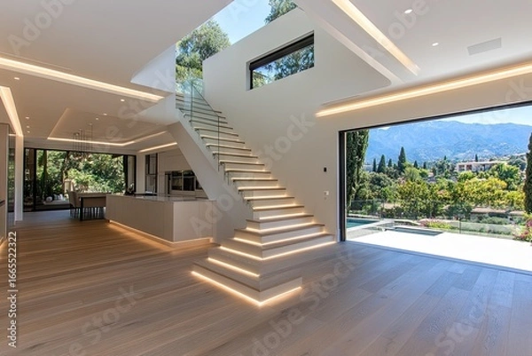 Obraz Open, contemporary design features a staircase and an expansive view. Natural light floods the space