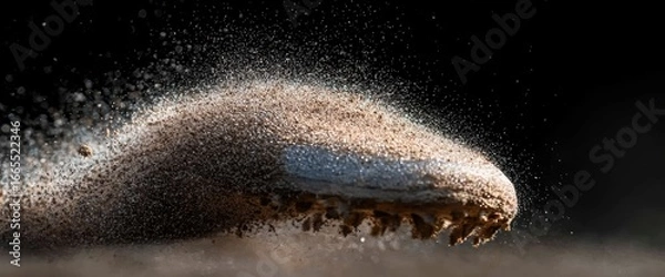 Obraz Close-up of dirt particles kicked up by running sports cleats on a dark field background